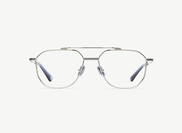Front view of a pair of eyeglasses called the Maverick in Silver