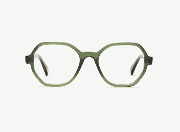 Front view of a pair of eyeglasses called the Storyteller in Jade