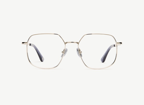 Front view of a pair of eyeglasses called the Maestra in Silver