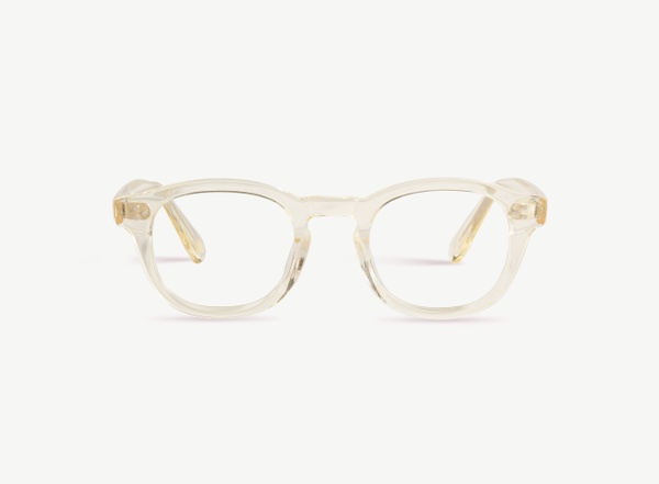 Front view of a pair of eyeglasses called the Optimist in Champagne