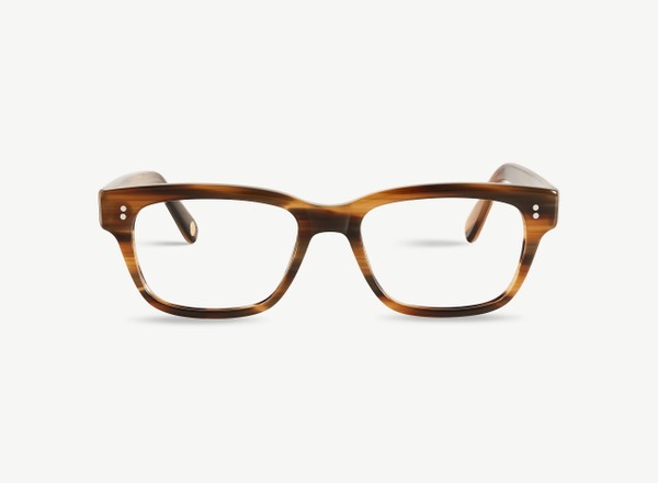 Front view of a pair of eyeglasses called the Exec in Walnut