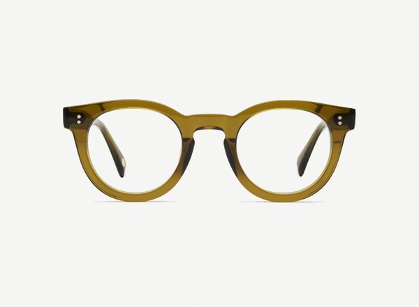 Front view of a pair of eyeglasses called the Messenger in Olive