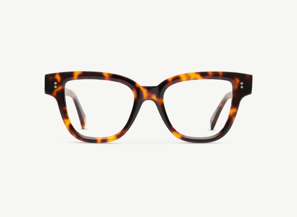 Front view of a pair of eyeglasses called the Singer in Tortoise