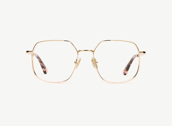 Front view of a pair of eyeglasses called the Maestra in Rose Gold