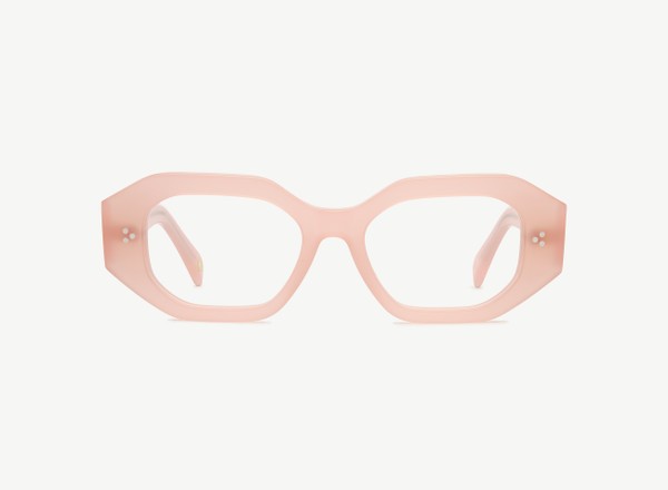 Front view of a pair of eyeglasses called the Rockstar in Flamingo