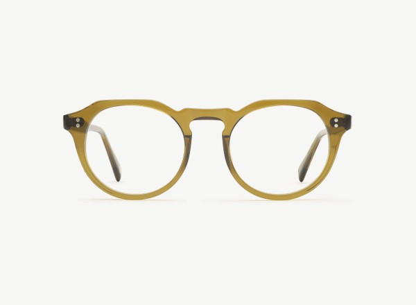 Front view of a pair of eyeglasses called the Sculptor in Olive