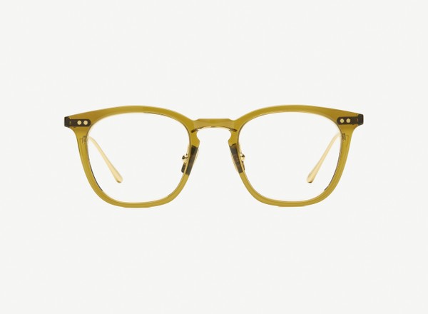 Front view of a pair of eyeglasses called the Trader in Olive