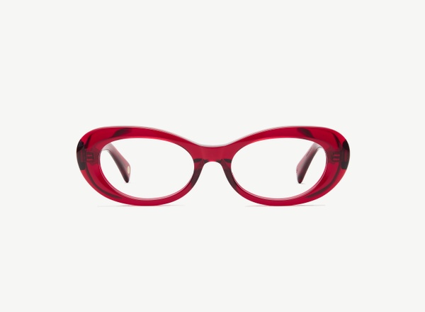 Front view of a pair of eyeglasses called the Oracle in Crimson