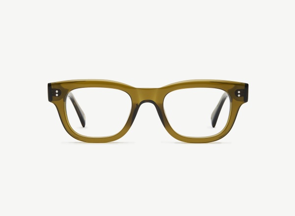 Front view of a pair of eyeglasses called the Navigator in Olive