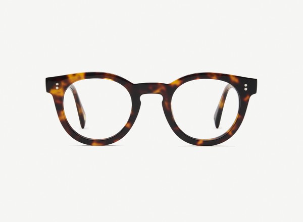 Front view of a pair of eyeglasses called the Messenger in Tortoise