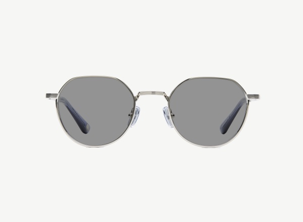 Front view of a pair of eyeglasses called the Scholar in Silver