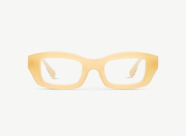 Front view of a pair of eyeglasses called the Enzo in Dune
