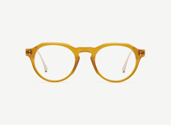 Front view of a pair of eyeglasses called the Editor in Marigold