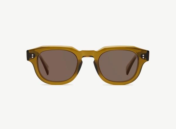 Front view of a pair of eyeglasses called the Cosmonaut in Olive