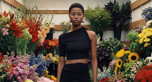 A person in a black asymmetrical outfit stands centered in a flower shop surrounded by vibrant bouquets.