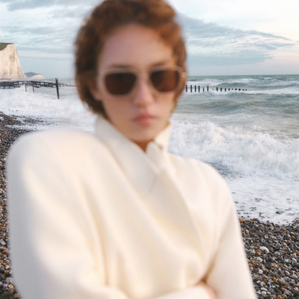 Soft-focus portrait of a person wearing sunglasses on a pebble beach.