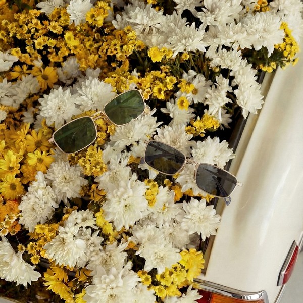 Two pairs of sunglasses placed on a bed of white and yellow flowers.