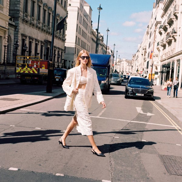 Model in white tailoring and black sunglasses crossing a central London street.