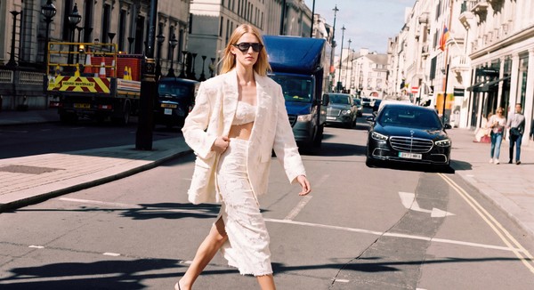 Model in white tailoring and black sunglasses crossing a central London street.