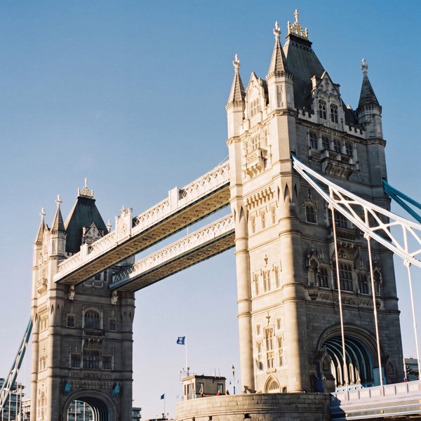 Tower Bridge photographed against a clear blue London sky.