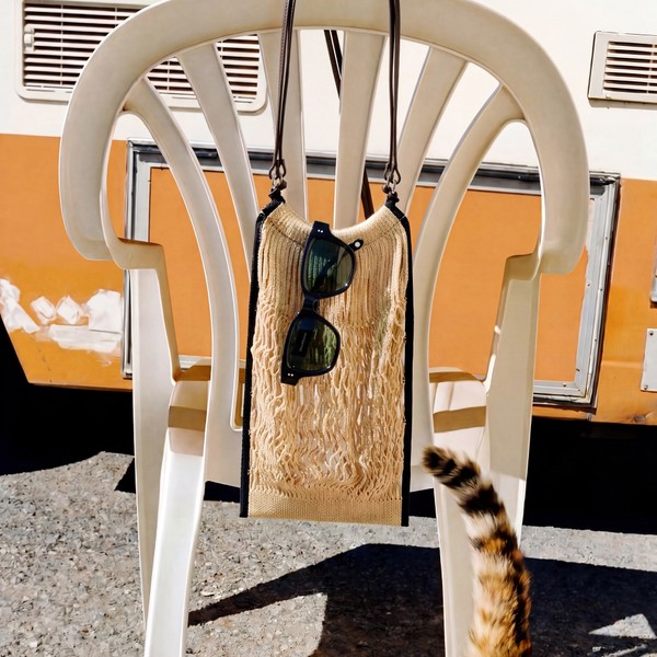 Sunglasses hanging from a woven bag on a white chair