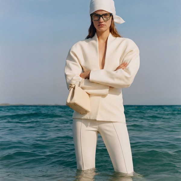 Model in white suit and headscarf standing in the sea