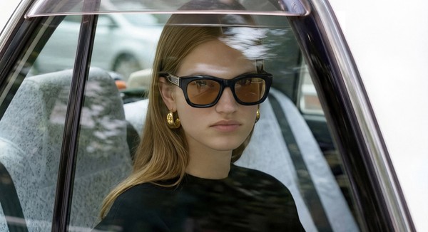 Woman wearing oversized black sunglasses with gold earrings sitting inside a car, modern fashion portrait