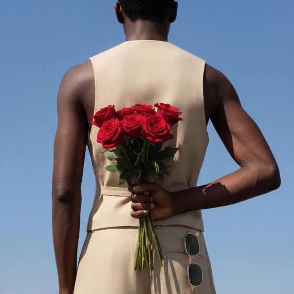 Back view of a person holding a bouquet of red roses behind their back against a blue sky.